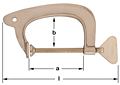 A bronze metal “G” shaped grounding clamp, with protruding knuckle hole on the top back side of the “G”. A large, flat, triangular handle is part of the screw for turning.